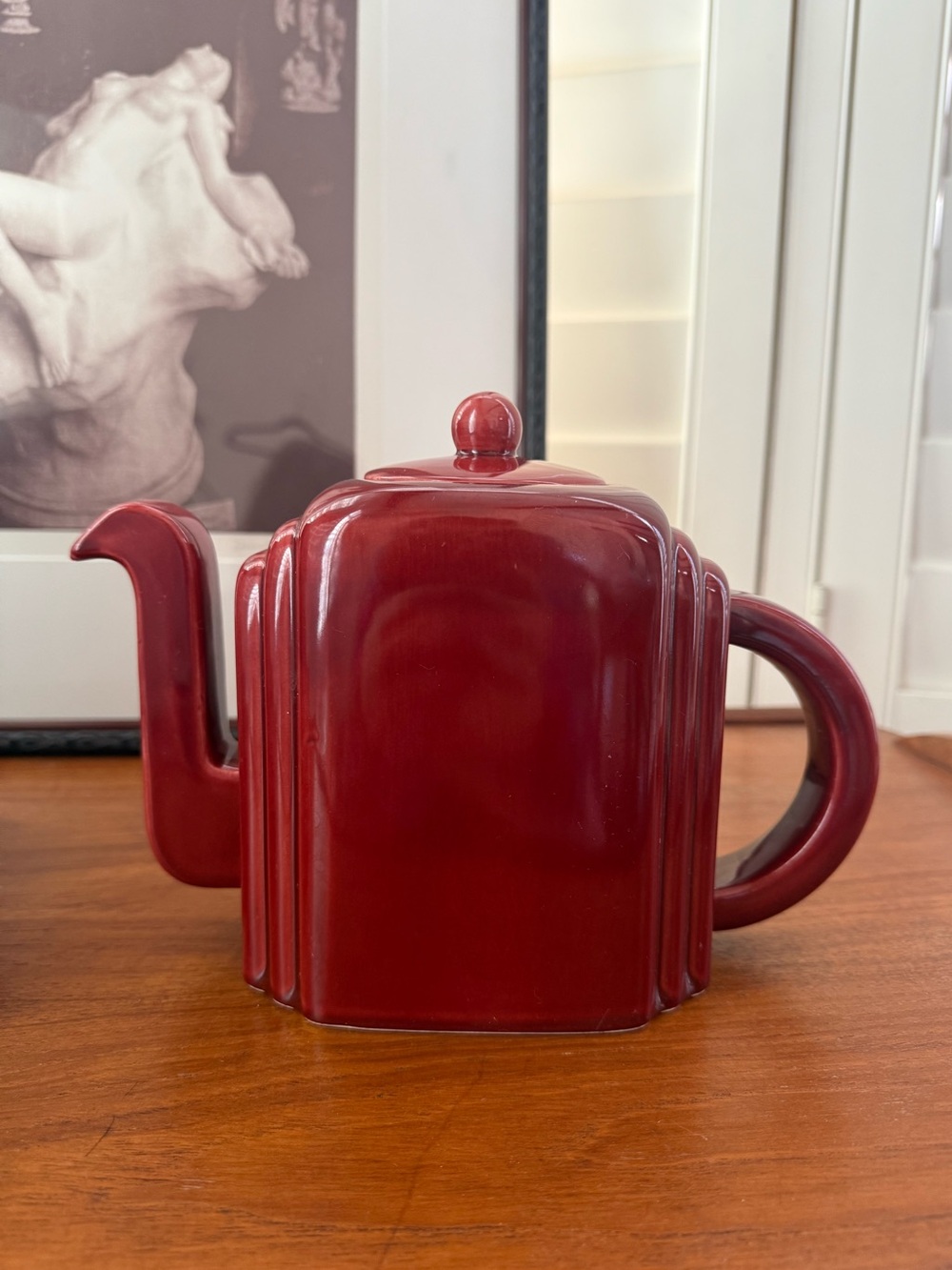 Vintage Red Sculpted Art Deco Shaped Ceramic Teapot - Made in Japan